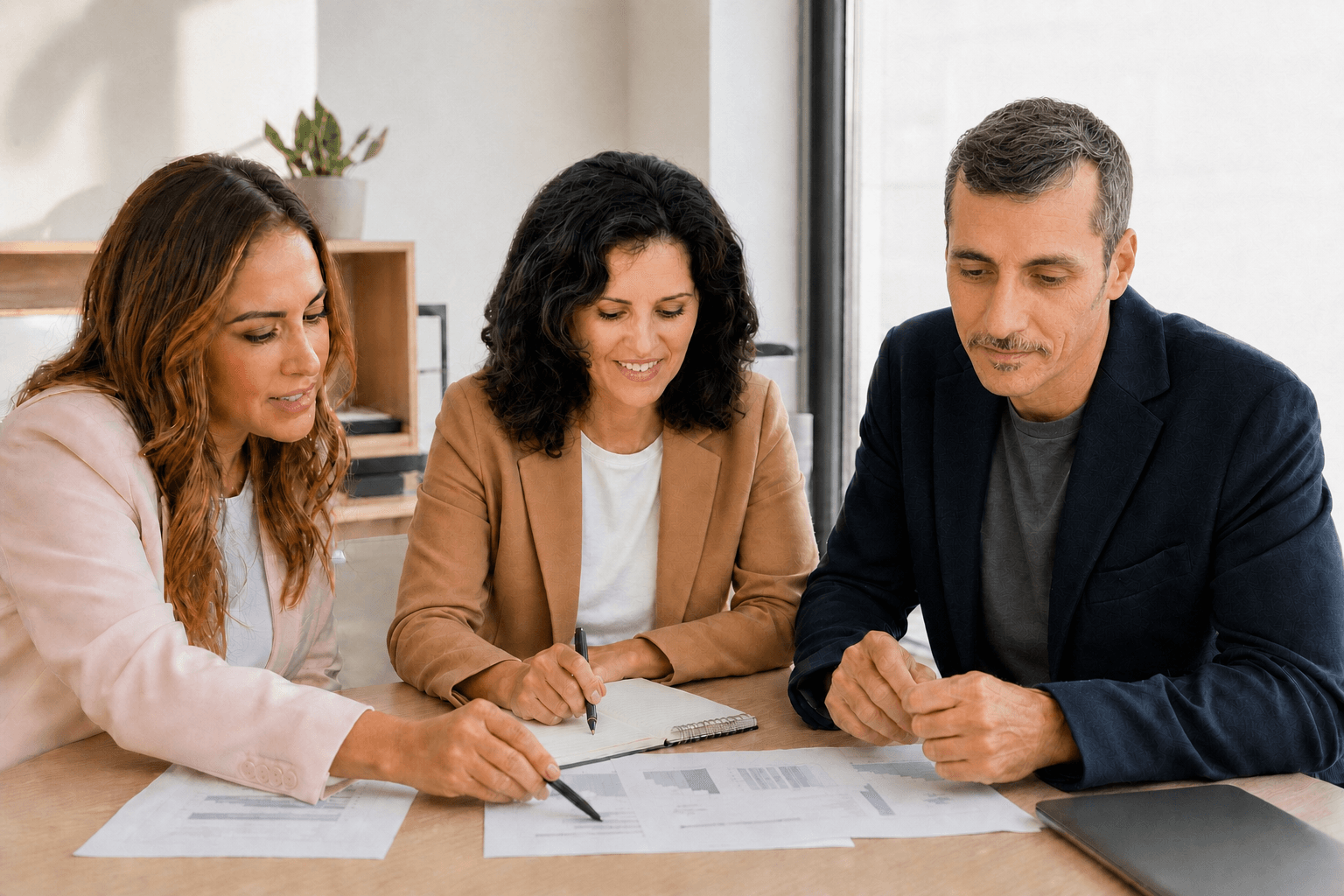Ana María, Sandra y Pedro trabajando juntos en una reunión